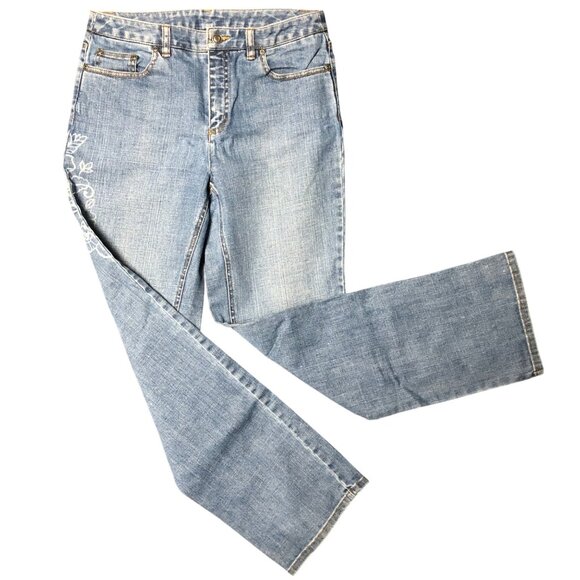 Talbots Denim - Talbots Jeans Size 8 Blue Stretch Denim Bleached Floral Design Straight Leg